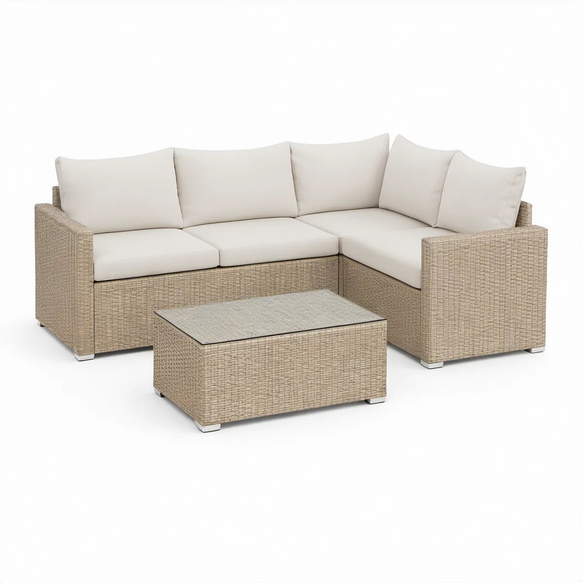 Conjunto de jardim em L com mesa de centro, vime sintético bege, 205 x 205 cm