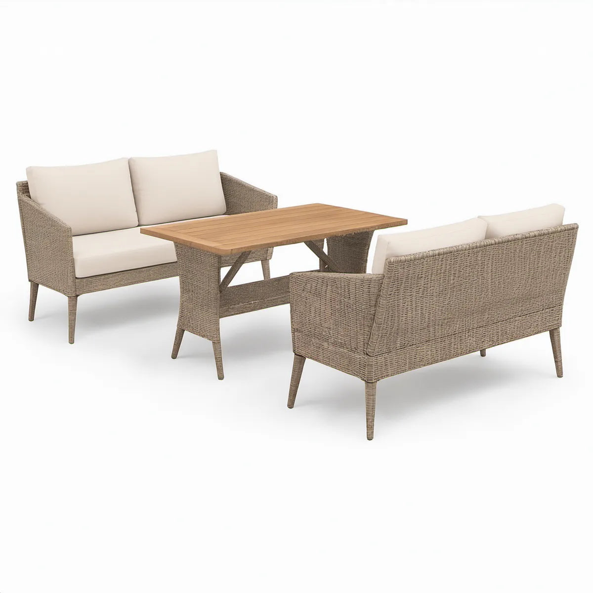 Conjunto de Jardim com 2 Sofás de 2 Lugares e Mesa Retangular 120 x 60 cm em Bege Acinzentado, Bege e Castanho Natural