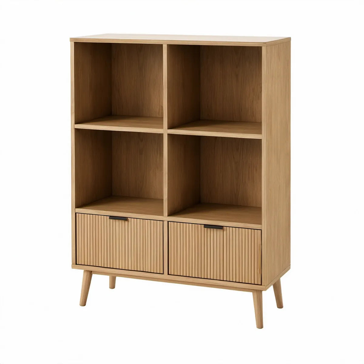 Armário alto em MDF com acabamento carvalho natural, portas caneladas e puxadores pretos, 100 x 40 x 180 cm