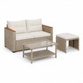 Conjunto de Jardim em Vime PE Bege Acinzentado com Almofadas Brancas, Sofá 124 x 65 x 76 cm, Mesa 90 x 50 x 45 cm e Banco 45 x 45 x 40 cm