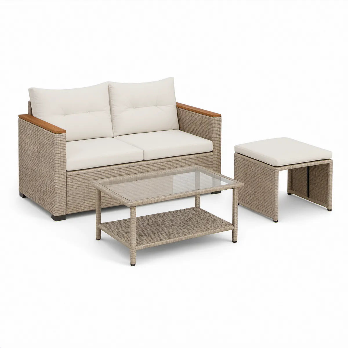 Conjunto de Jardim em Vime PE Bege Acinzentado com Almofadas Brancas, Sofá 124 x 65 x 76 cm, Mesa 90 x 50 x 45 cm e Banco 45 x 45 x 40 cm