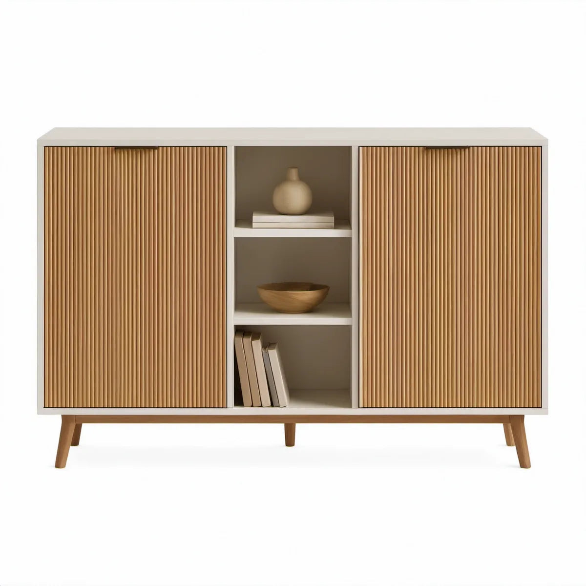 Aparador Retangular Branco e Carvalho Natural com 2 Portas Ripadas, 160 x 40 x 120 cm