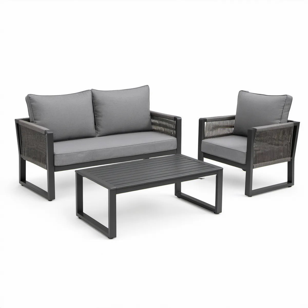 Conjunto de Exterior de 3 Peças em Alumínio Preto e Cinzento com Mesa de Centro 128 x 70 cm