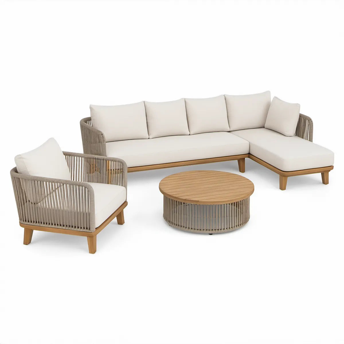 Conjunto de exterior em madeira e corda com chaise longue à direita, poltrona e mesa redonda, Bege/Branco/Castanho Natural, 270 x 160 cm