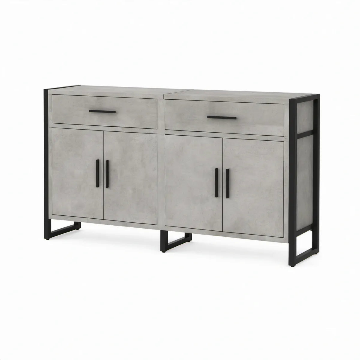 Aparador Retangular 140 x 40 x 85 cm com 2 Gavetas e 4 Portas em MDF Cinzento e Aço Preto