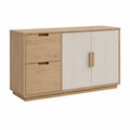 Aparador Retangular 140 x 40 x 85 cm em MDF Carvalho Natural e Branco com 2 Gavetas e 2 Portas