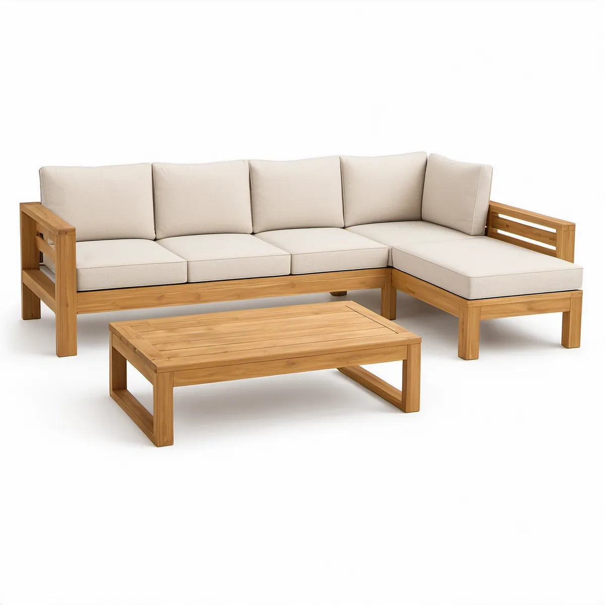 Conjunto de jardim em L 240 x 160 cm em madeira maciça de acácia Natural e Bege
