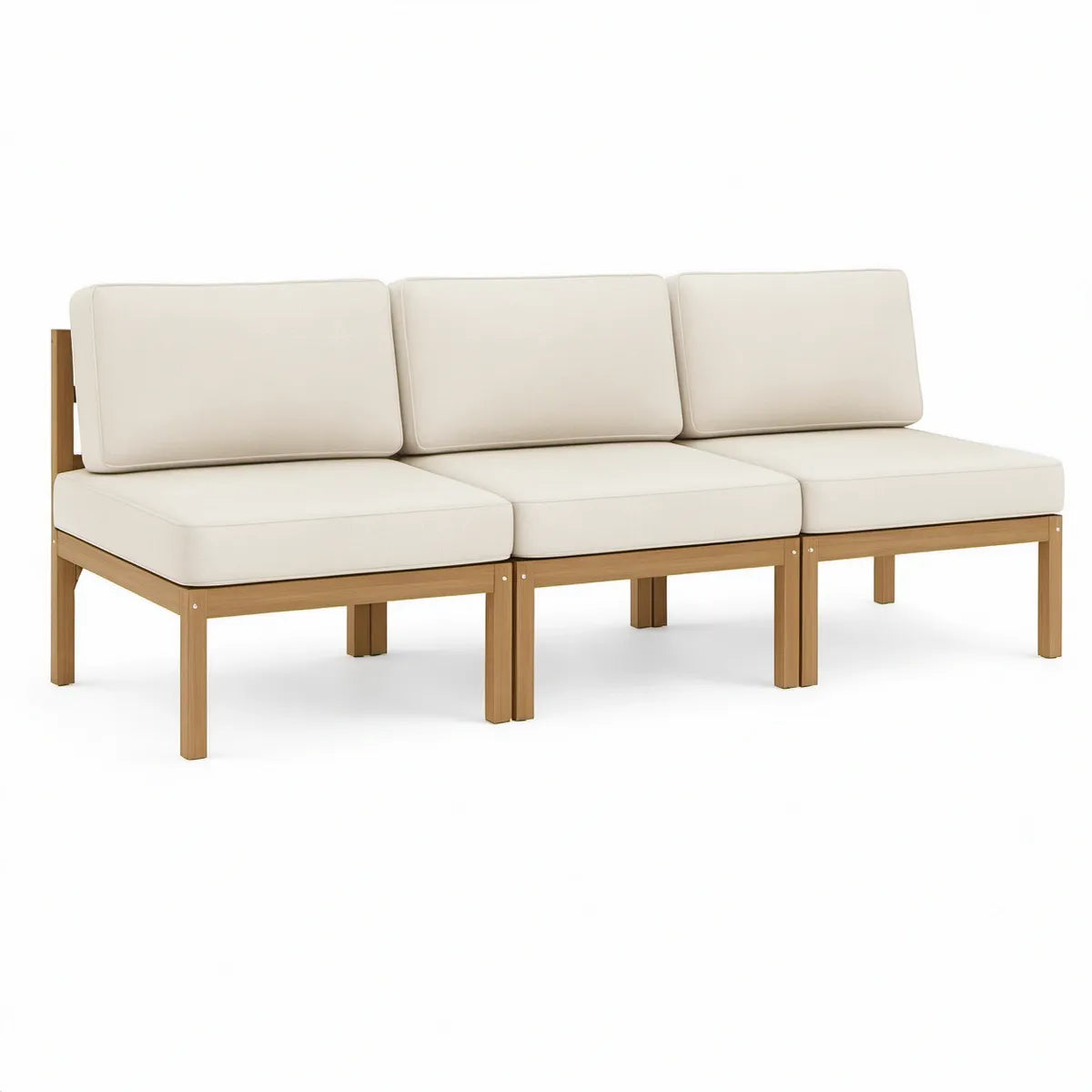 Sofá de Jardim Modular de 3 Lugares em Madeira Maciça de Acácia Natural com Almofadas Brancas, 210 x 70 x 68 cm