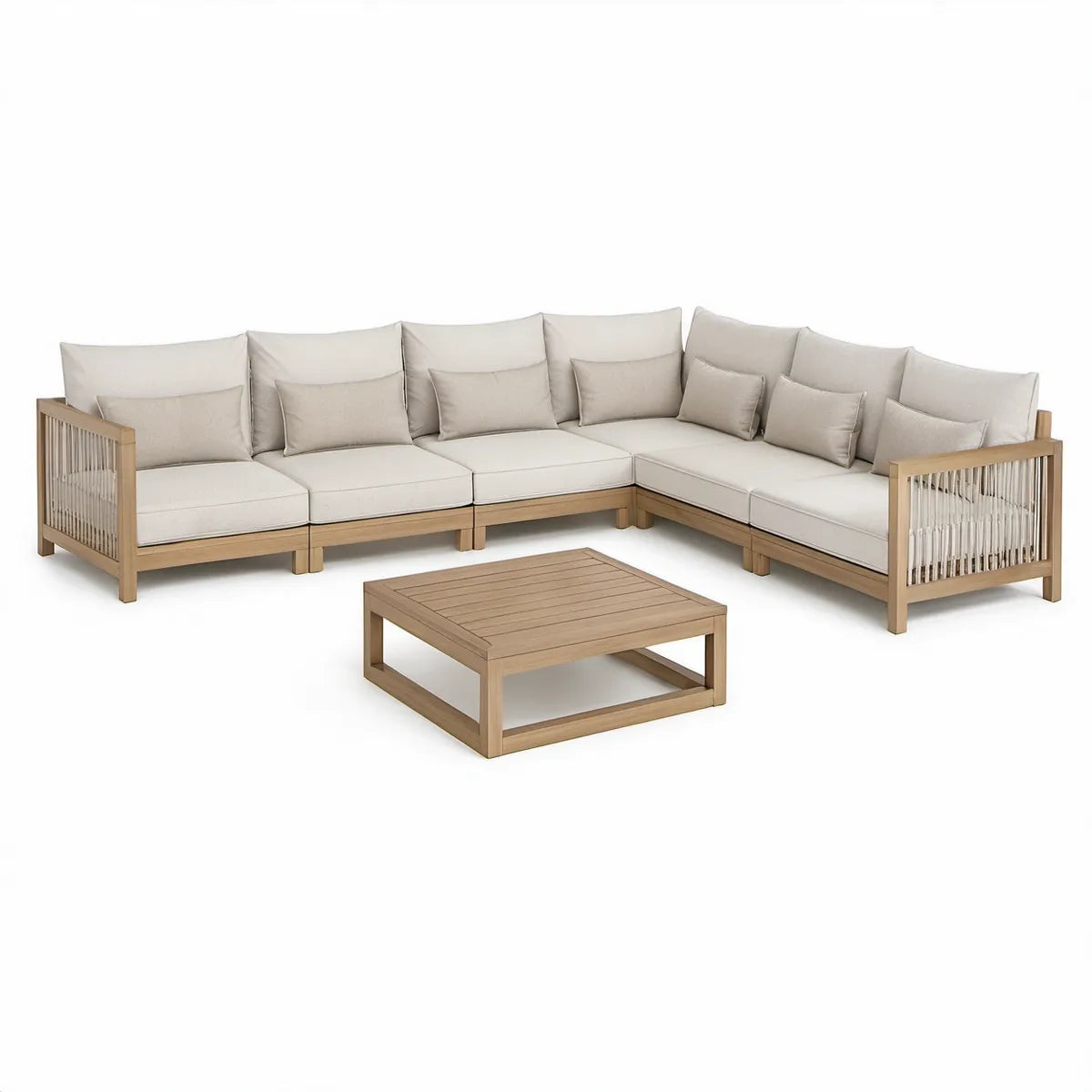 Conjunto Modular de Exterior em L com Mesa de Centro, Madeira de Acácia Castanho Natural e Almofadas Bege, 300 x 300 cm