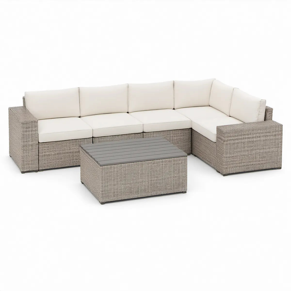 Conjunto Modular de Jardim em L com Mesa de Centro 210 x 210 cm em Vime PE Cinzento e Almofadas Creme