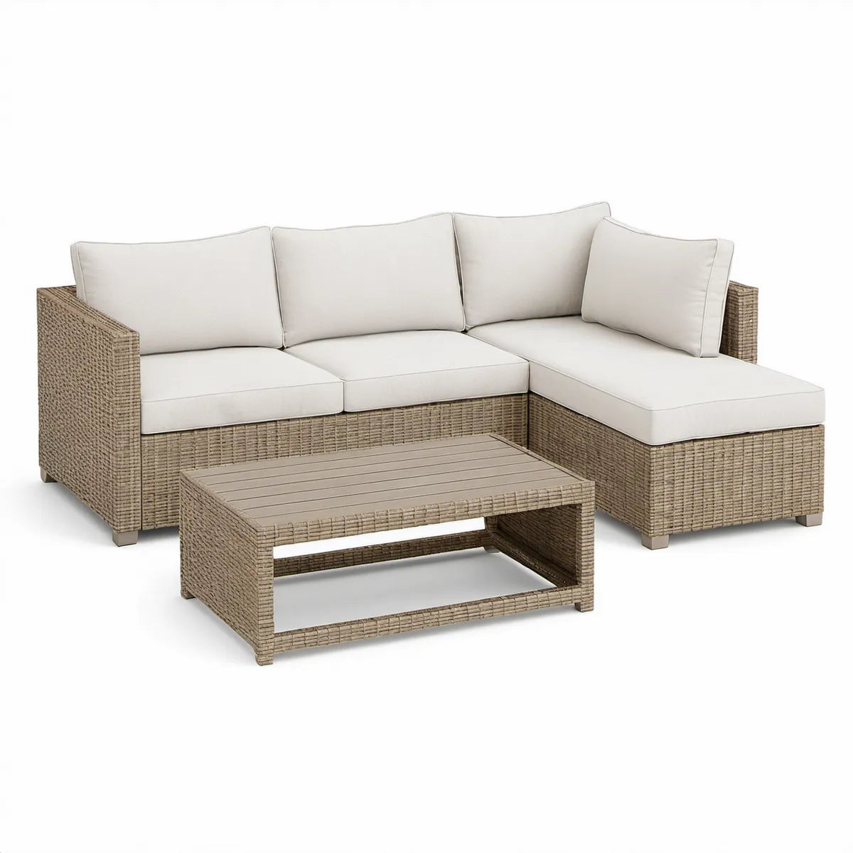 Sofá de canto para jardim em vime sintético PE, bege acinzentado e creme, 220 x 150 cm, com mesa de centro