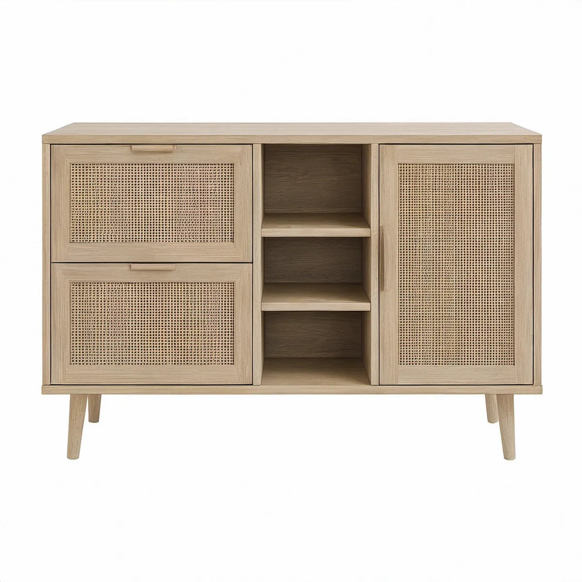 Aparador Retangular em MDF Folheado a Carvalho com Palhinha Natural, Bege Claro/Castanho Claro, 120 x 40 x 90 cm