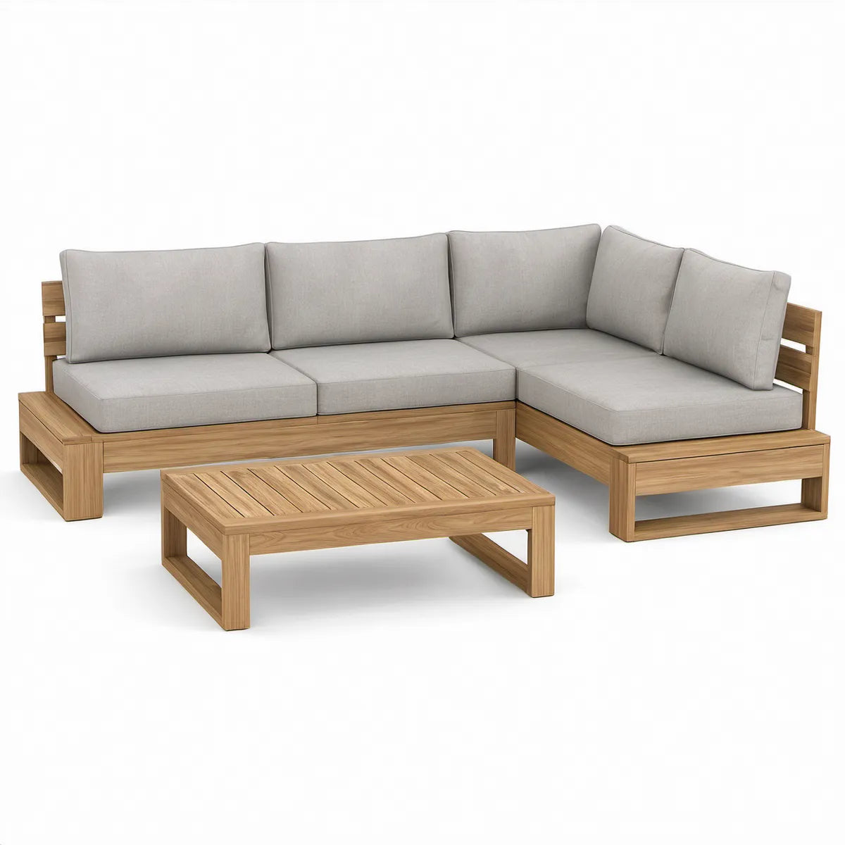 Conjunto de exterior em L com mesa de centro, madeira maciça de teca castanho natural e almofadas bege, 240 x 160 x 70 cm