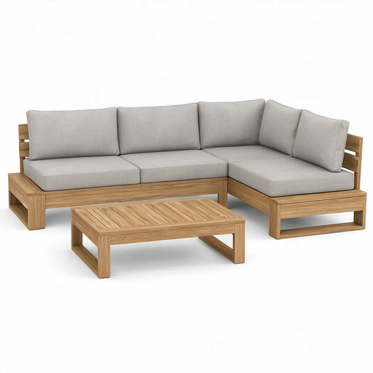Conjunto de exterior em L com mesa de centro, madeira maciça de teca castanho natural e almofadas bege, 240 x 160 x 70 cm