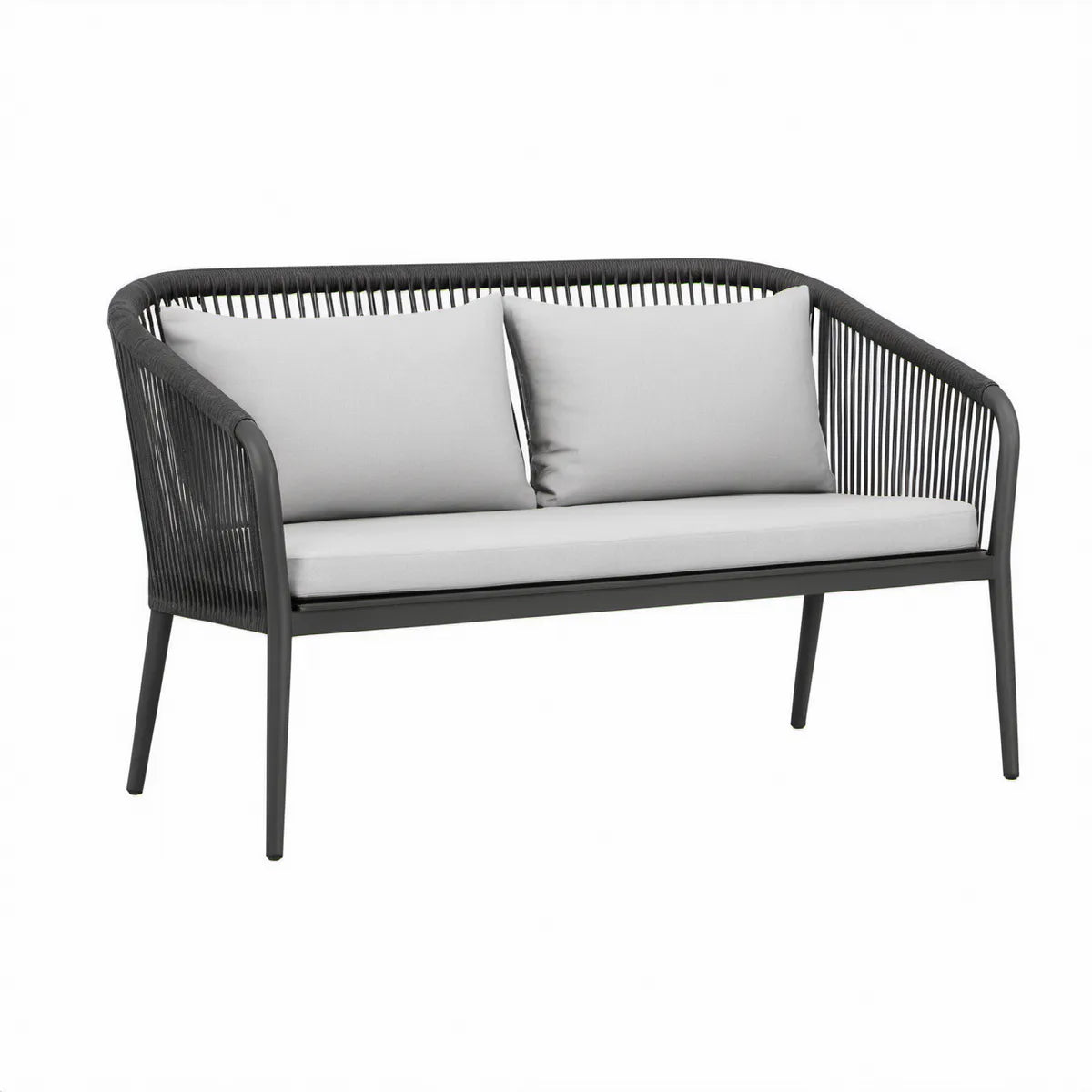 Sofá de Jardim para 2 Lugares em Aço e Corda PP Preto e Cinzento, 124 x 70 x 78 cm