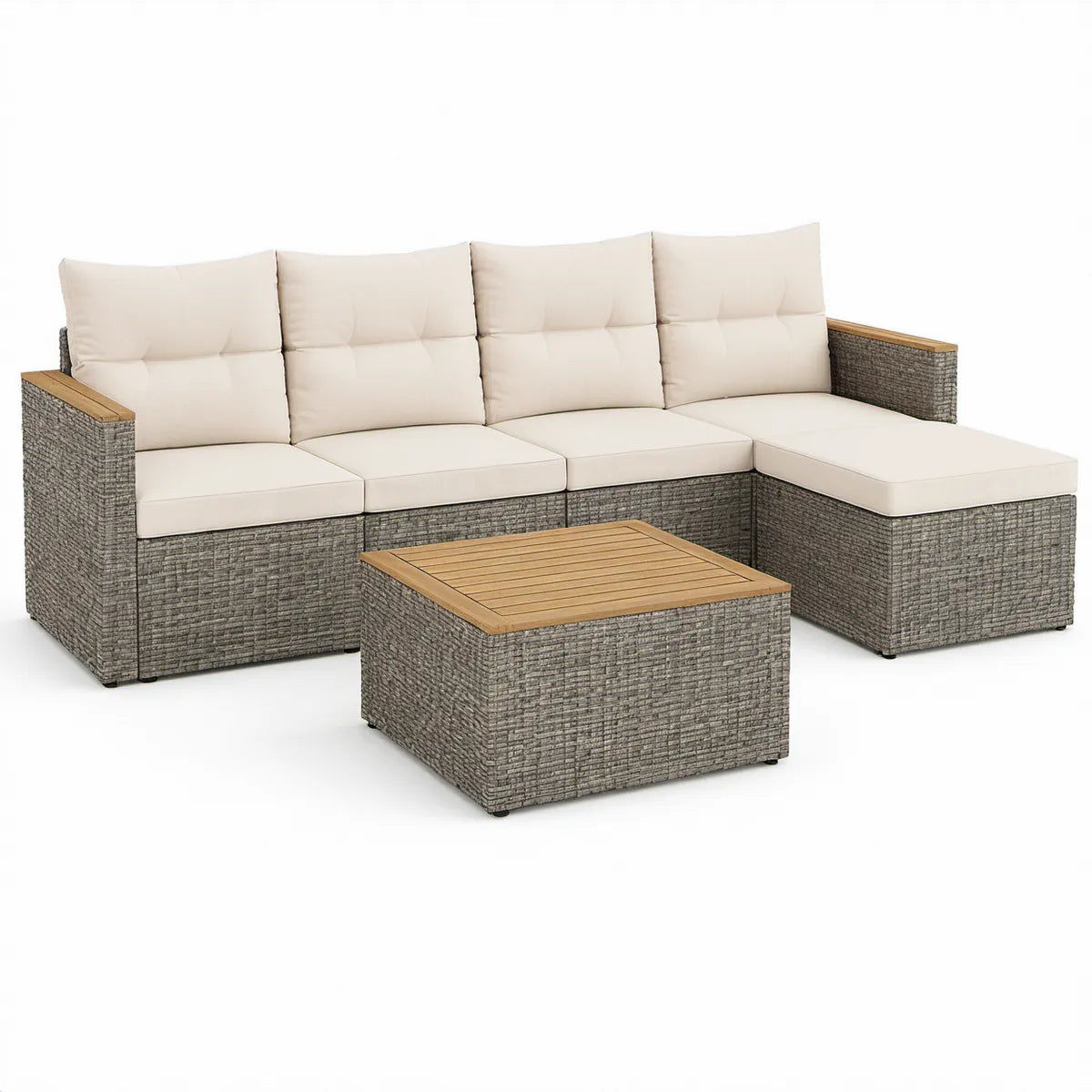 Sofá de Canto Modular para Jardim com Mesa de Centro em PE Cinzento, Almofadas Bege e Acácia, 280 x 145 cm