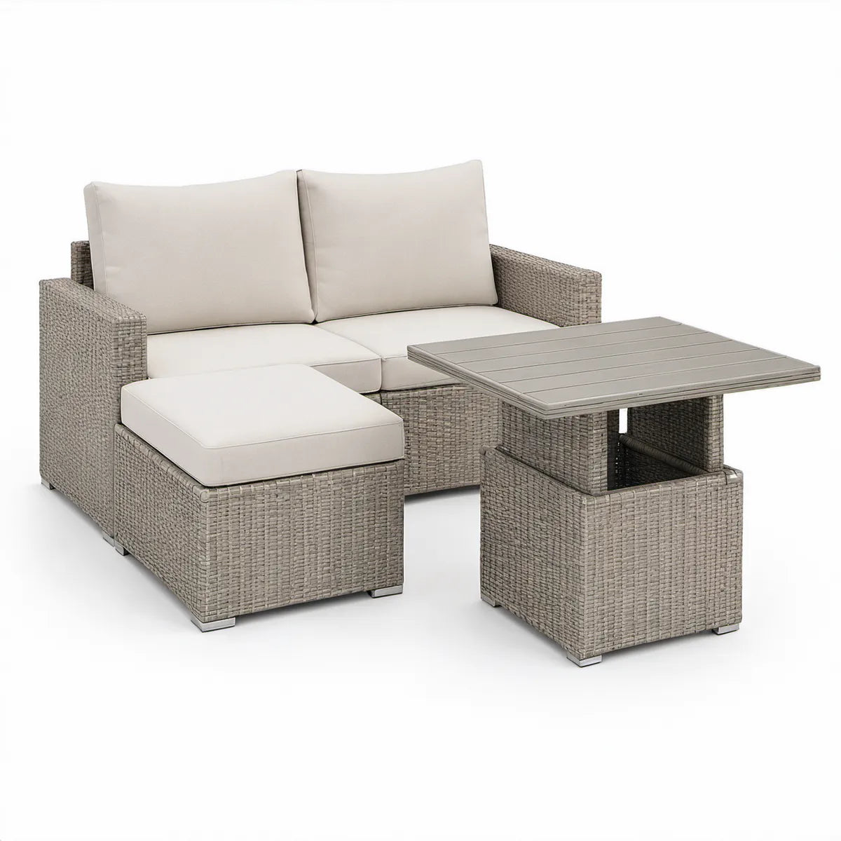 Conjunto de exterior de 3 peças em rattan sintético cinzento com almofadas creme e mesa elevatória