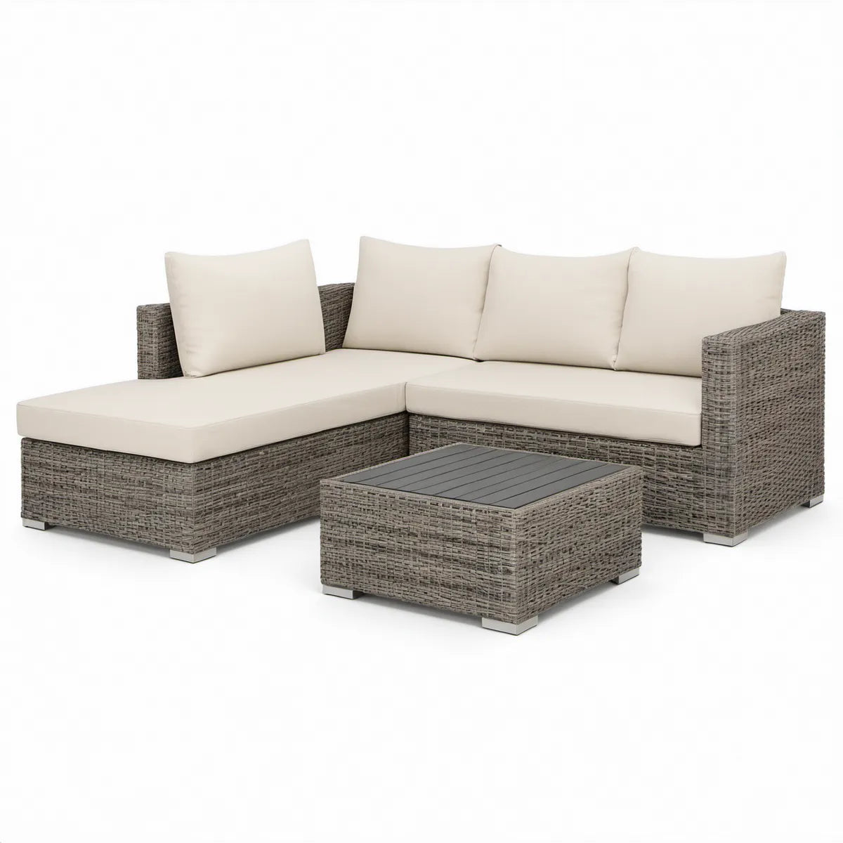 Conjunto de jardim com sofá em L e mesa de centro, 210 x 140 x 63 cm, Cinzento e Creme