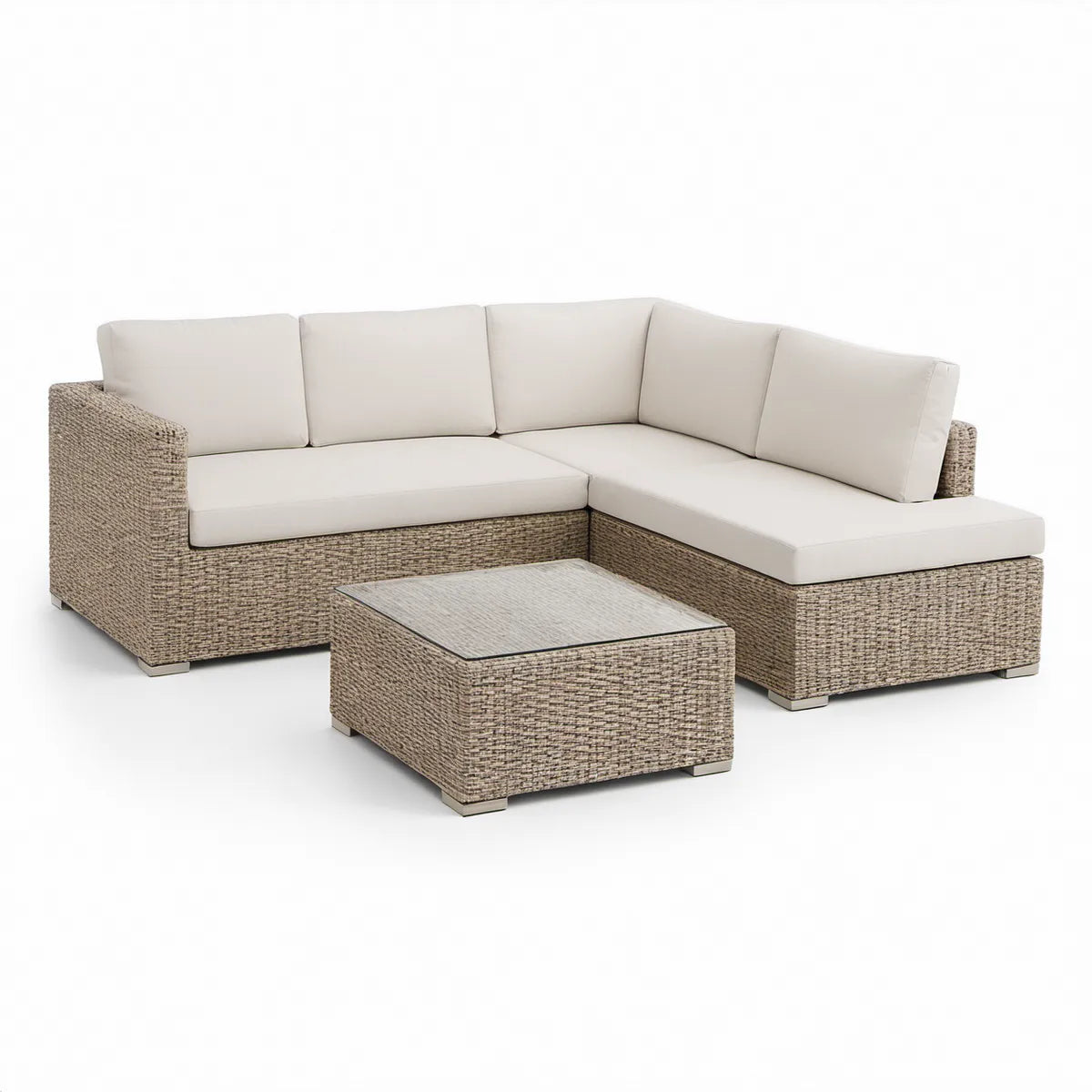 Conjunto de exterior em vime PE Bege e Creme com chaise longue e mesa, 205 x 140 x 65 cm