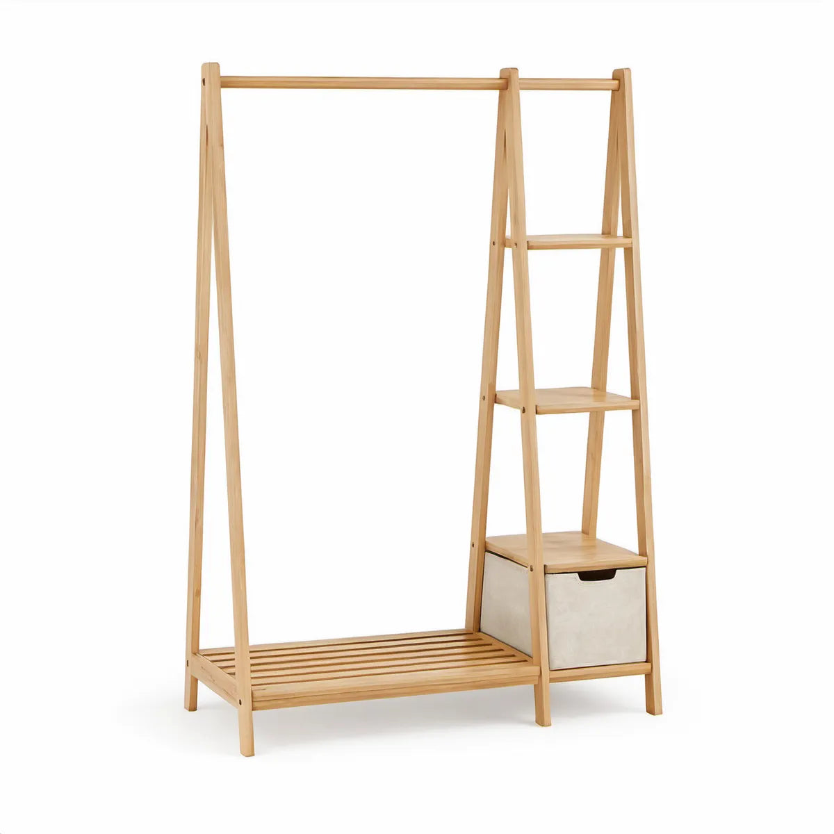 Roupeiro Aberto em Bambu Natural com Cabideiro, Prateleiras e Cesto 100 x 40 x 170 cm