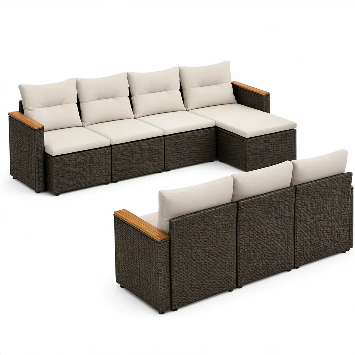 Sofá Modular de Jardim em L 280 x 210 x 65 cm em Vime PE Castanho Escuro com Almofadas Creme
